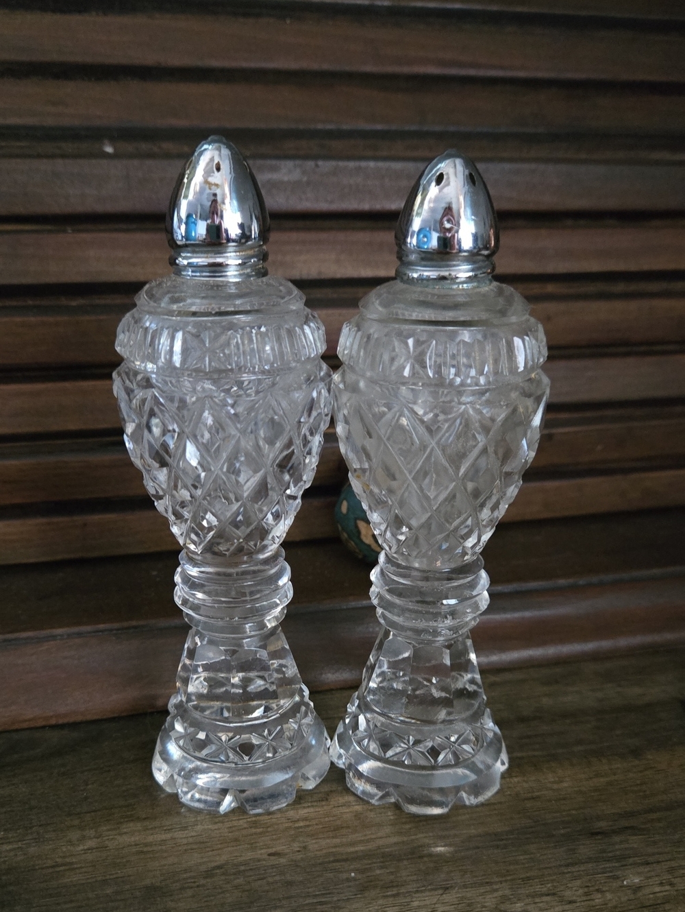 Vintage 1960's Cut-Glass Salt and Pepper Shakers with Silver Tops